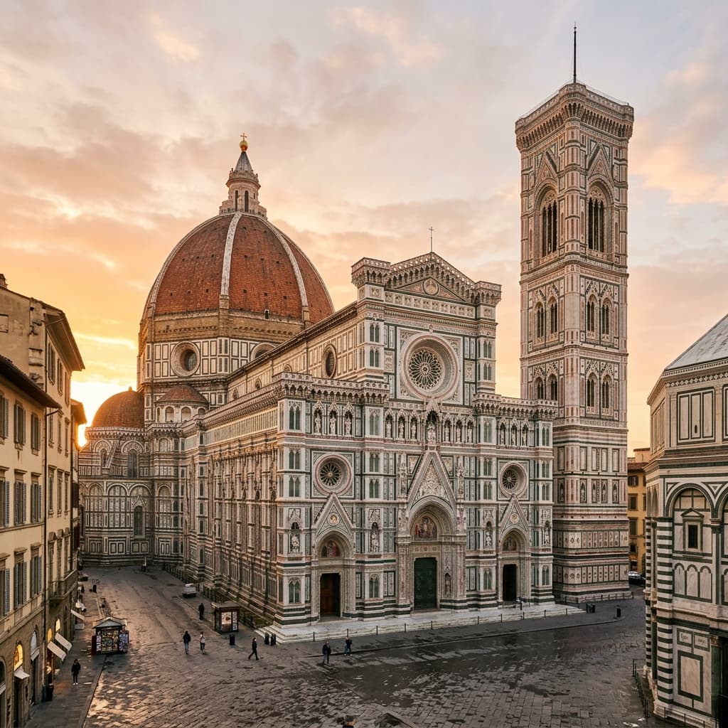 Florence Cathedral Santa Maria del Fiore and Brunelleschi Dome at sunrise in Piazza del Duomo